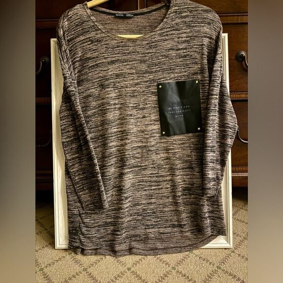 Zara Collection brown heathered long sleeved top with leather pocket NWOT M - Picture 1 of 12